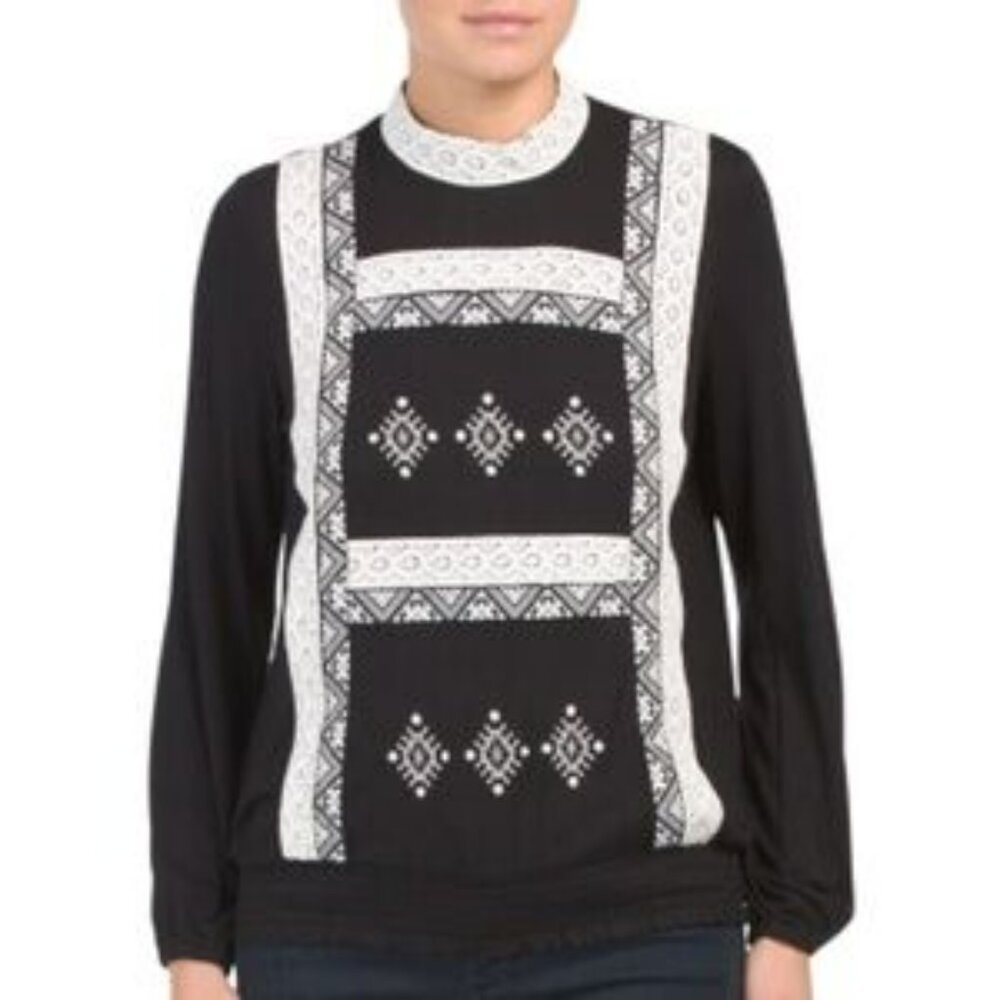 RXB Women’s Black Long Sleeve With Embroidery Top, Size L
